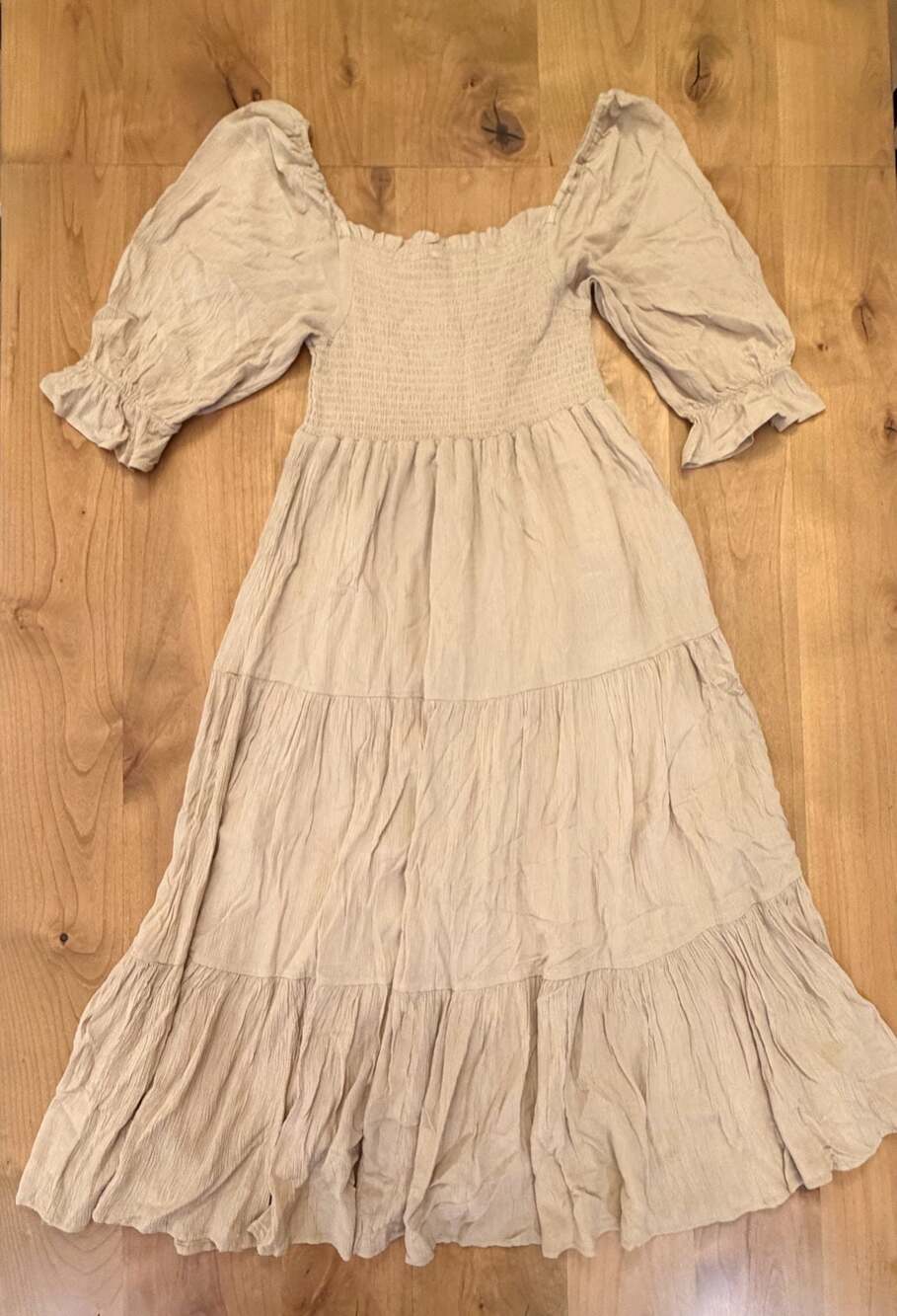 OAK + FORT Smocked Bodice Tiered Maxi Dress in Beige